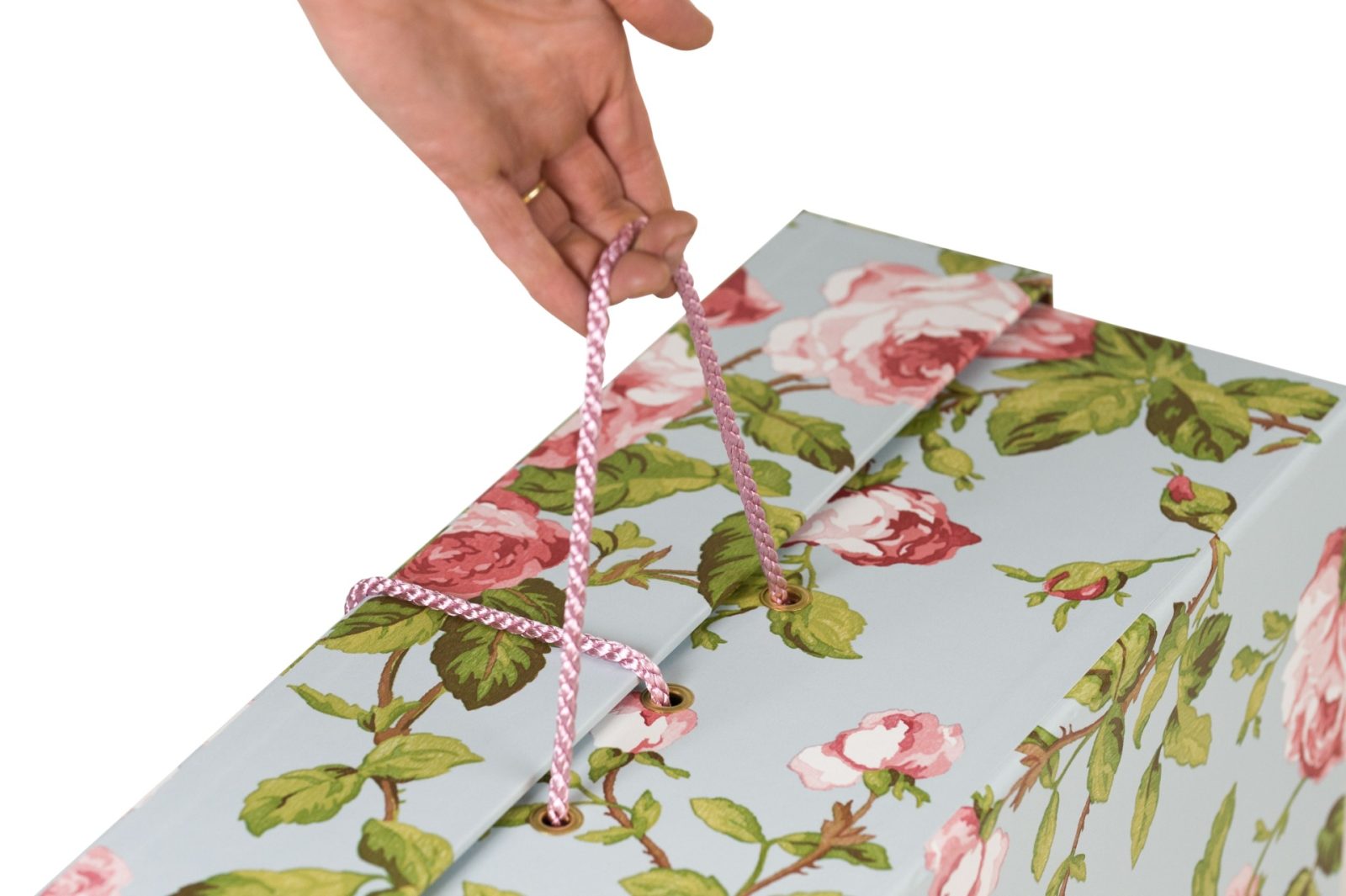 Travel Maxi in Vintage Rose Floral design very sturdy box with cord handle to take a wedding dress as hand luggage on a plane by The Empty Box Company