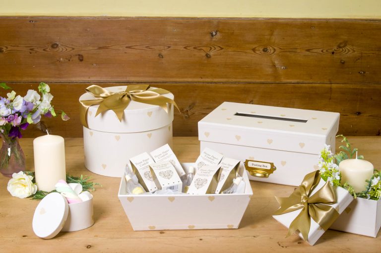 Table Decoration Box amongst a collection of Reception Boxes in Love Hearts Gold in Antoinette